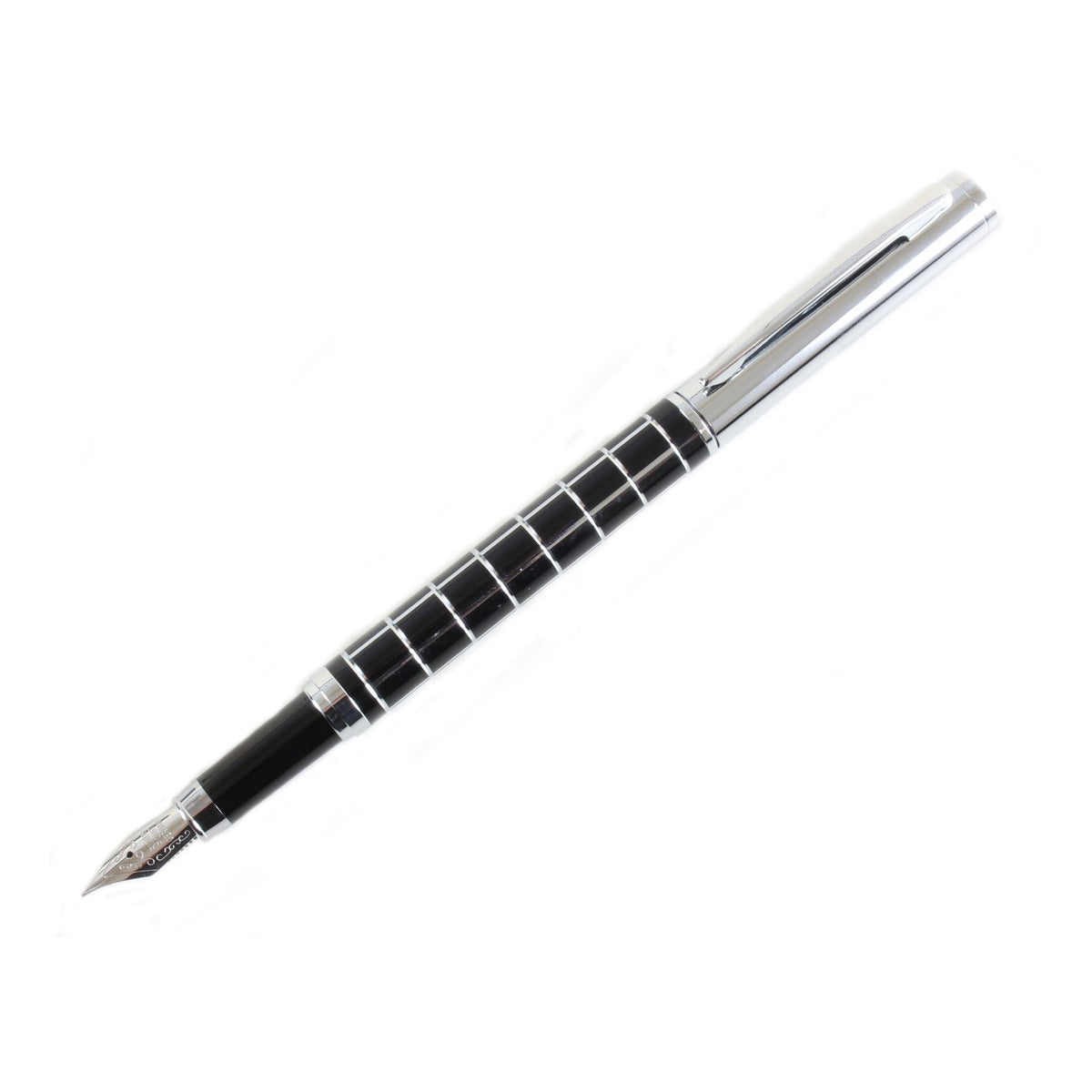 Black Chrome Checker Fountain Pen - Leonard Silver - full view with nib exposed