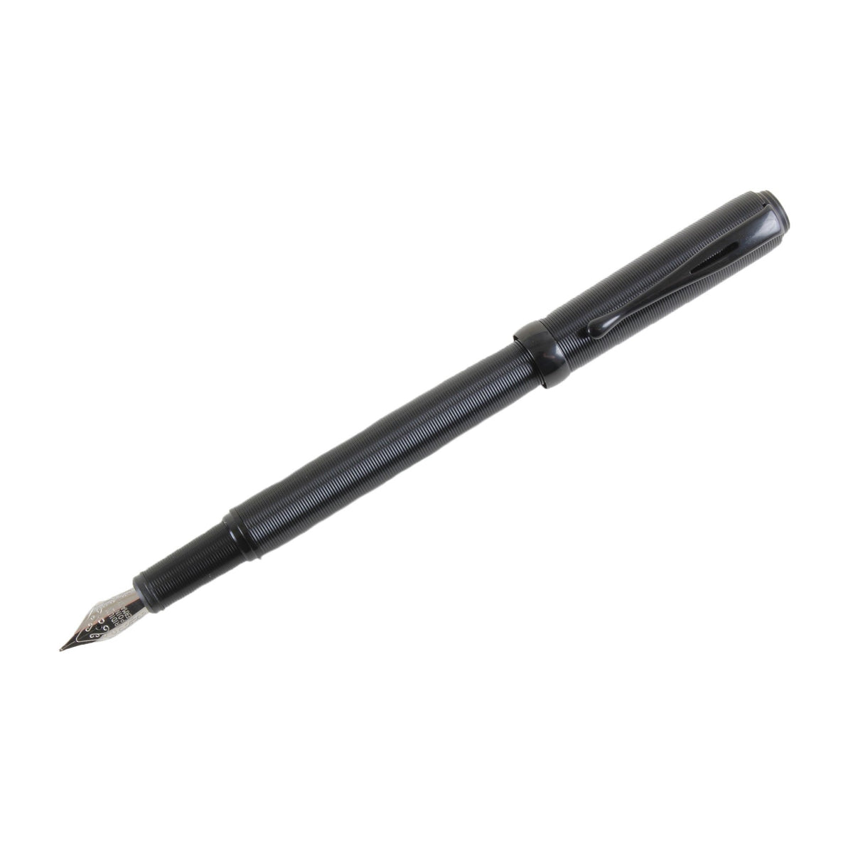 Black Ribbed Fountain Pen - Leonard Silver - cap posted, nib showing
