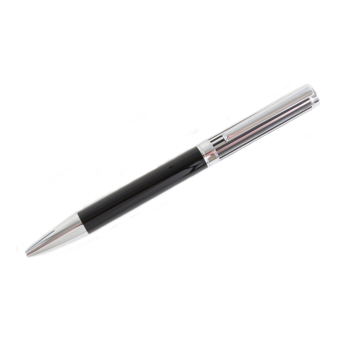 Black And Chrome Lined Ballpoint Pen - Leonard Silver - full length view