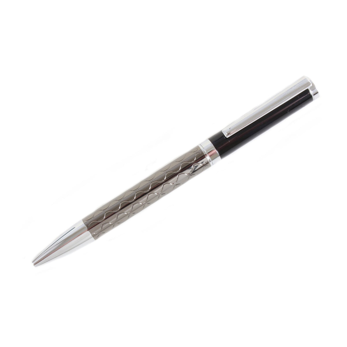 Gunmetal Grey Wave Ballpoint Pen - Leonard Silver - full length view