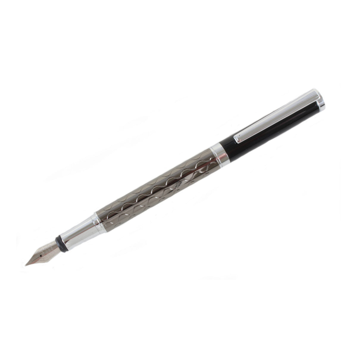Grey and Black Wave Fountain Pen - Leonard Silver - full length with nib exposed