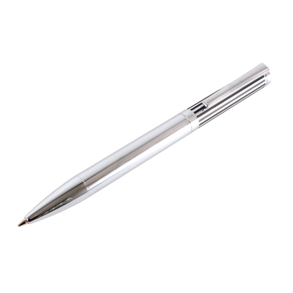 Chrome Ballpoint Pen With Lined Cap - Leonard Silver - detail of cap and clip