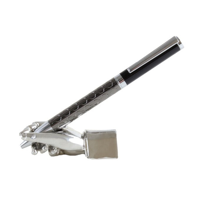 Chrome Hand Pen Holder And Paperweight - Leonard Silver - side view with pen resting in the palm