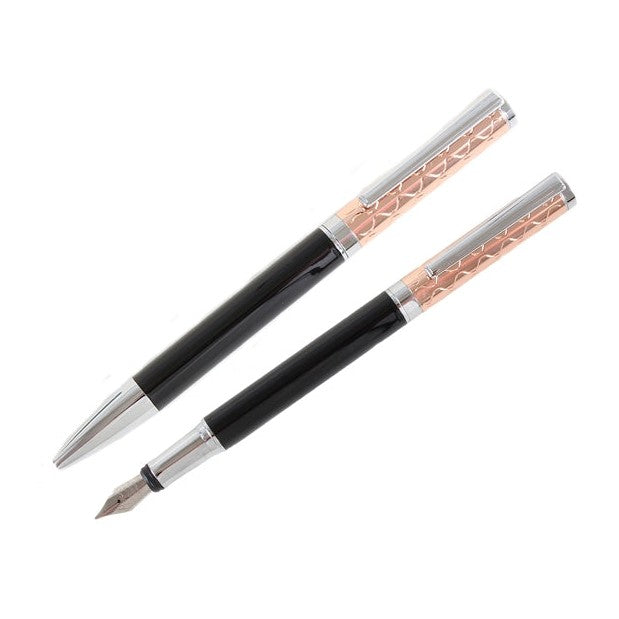 Rose Gold and Black Fountain and Ballpoint Pen Set - Leonard Silver - both pens, nib and tip shown