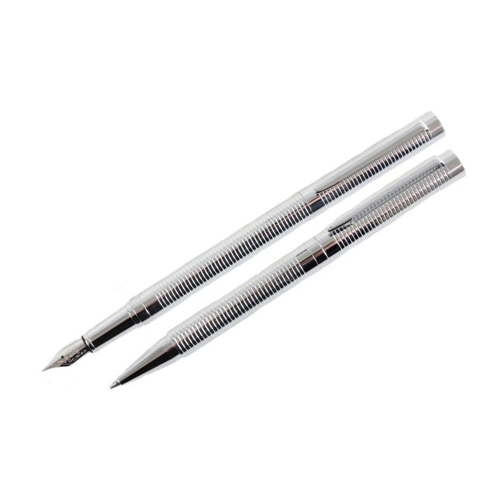 Chrome Ribbed Fountain & Ballpoint Pen Set - Leonard Silver - both pens uncapped