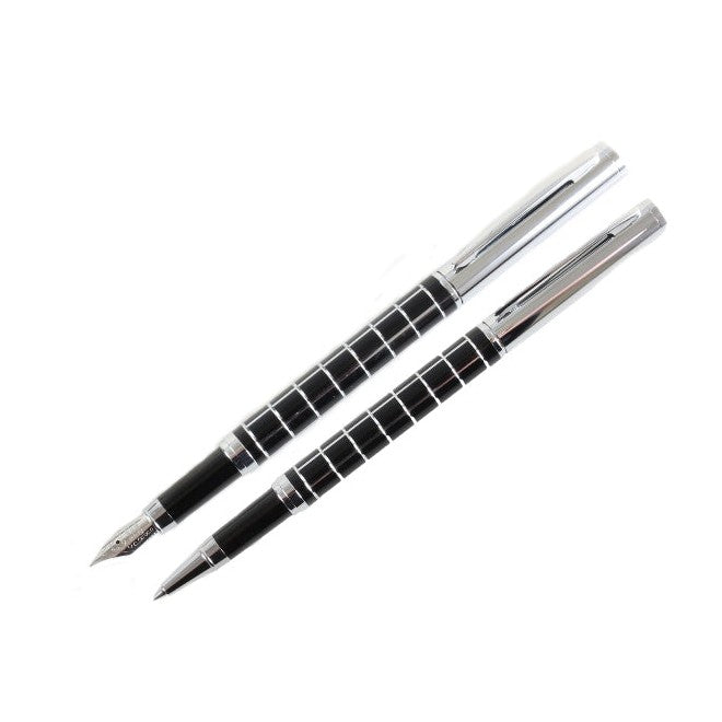 Black & Chrome Checker Fountain and Rollerball Pen Set - Leonard Silver - both pens, nib and rollerball tip shown