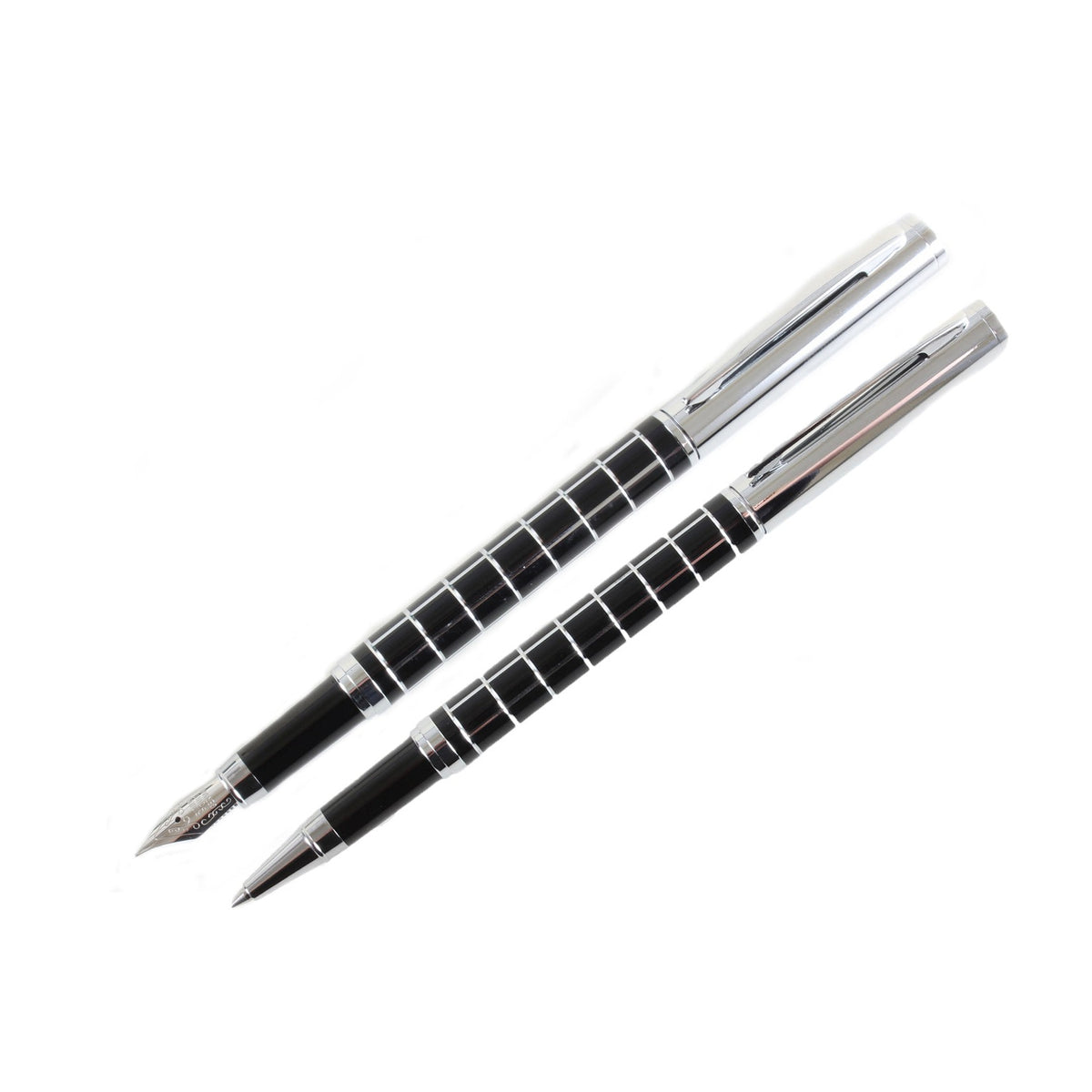 Black & Chrome Checker Fountain and Rollerball Pen Set - Leonard Silver - detail of chrome banding