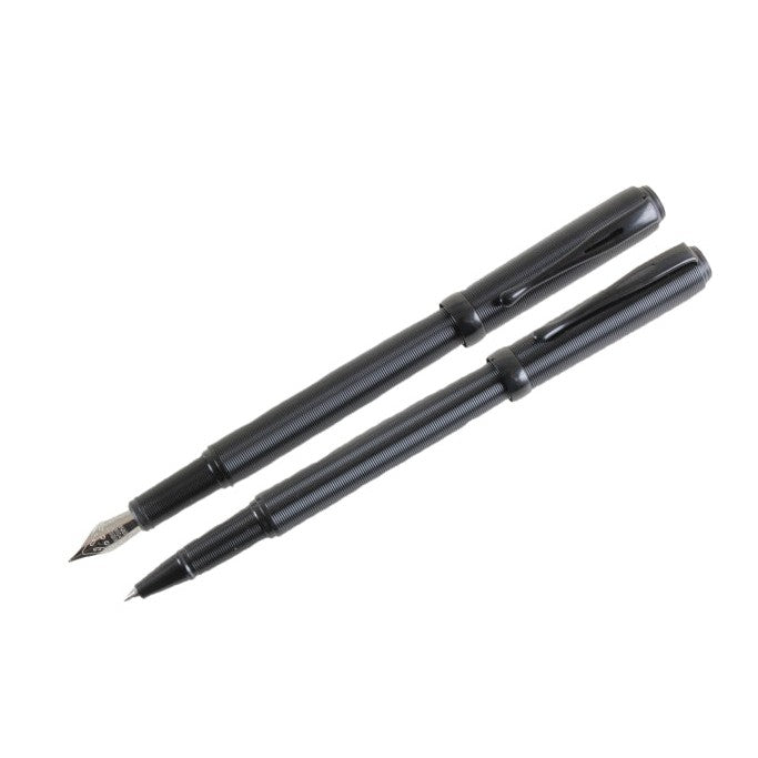 Black Ribbed Fountain & Rollerball Pen Set - Leonard Silver - both pens with nib and tip shown