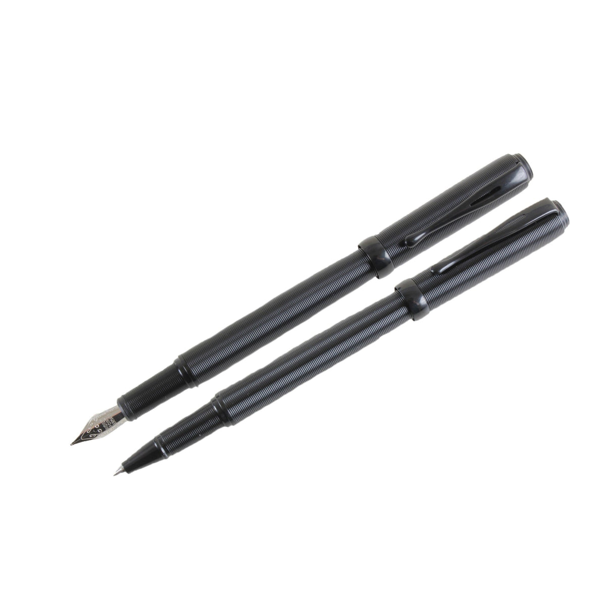 Black Ribbed Fountain & Rollerball Pen Set - Leonard Silver - close view of ribbed barrels and clips