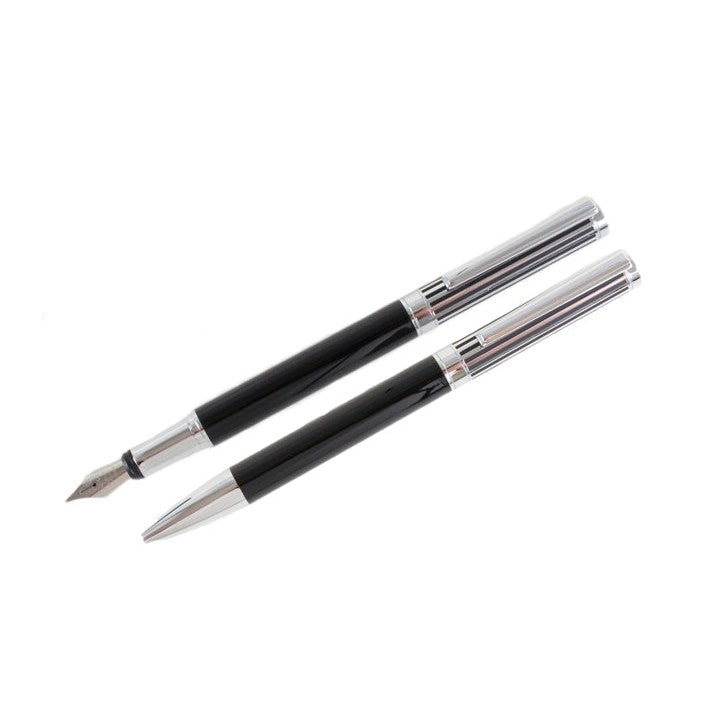 Black and Chrome Lined Fountain and Ballpoint Pen Set - Leonard Silver