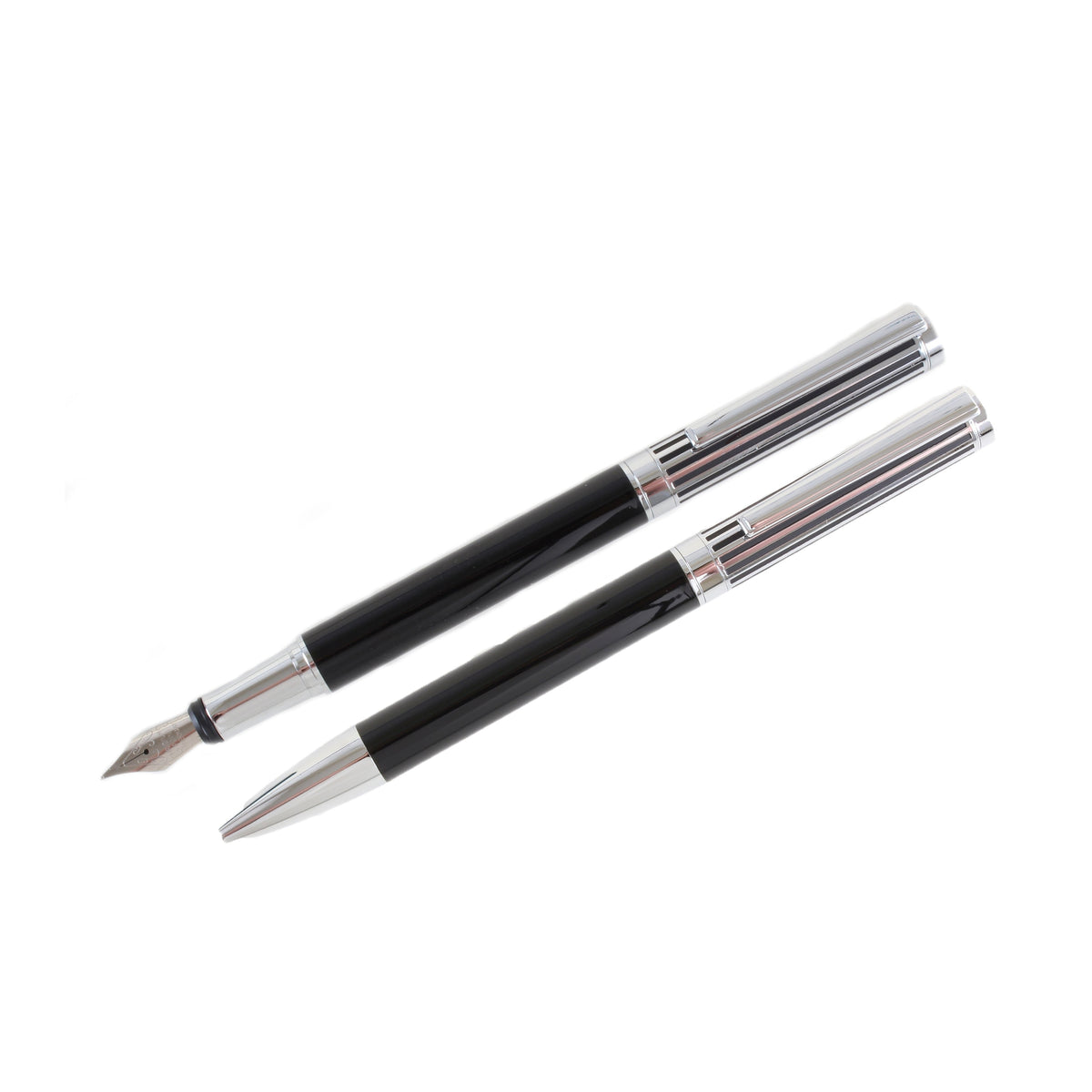 Black and Chrome Lined Fountain and Ballpoint Pen Set - Leonard Silver, detail of nib and ballpoint tip