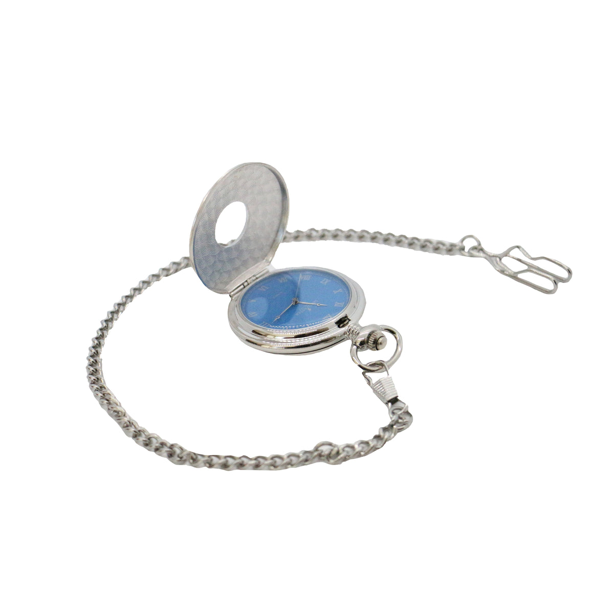 Blue Dial Chrome Half Hunter Quartz Pocket Watch - Leonard Silver - with matching chain