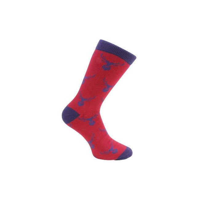 Red And Blue Stag Combed Cotton Socks - Leonard Silver - full sock