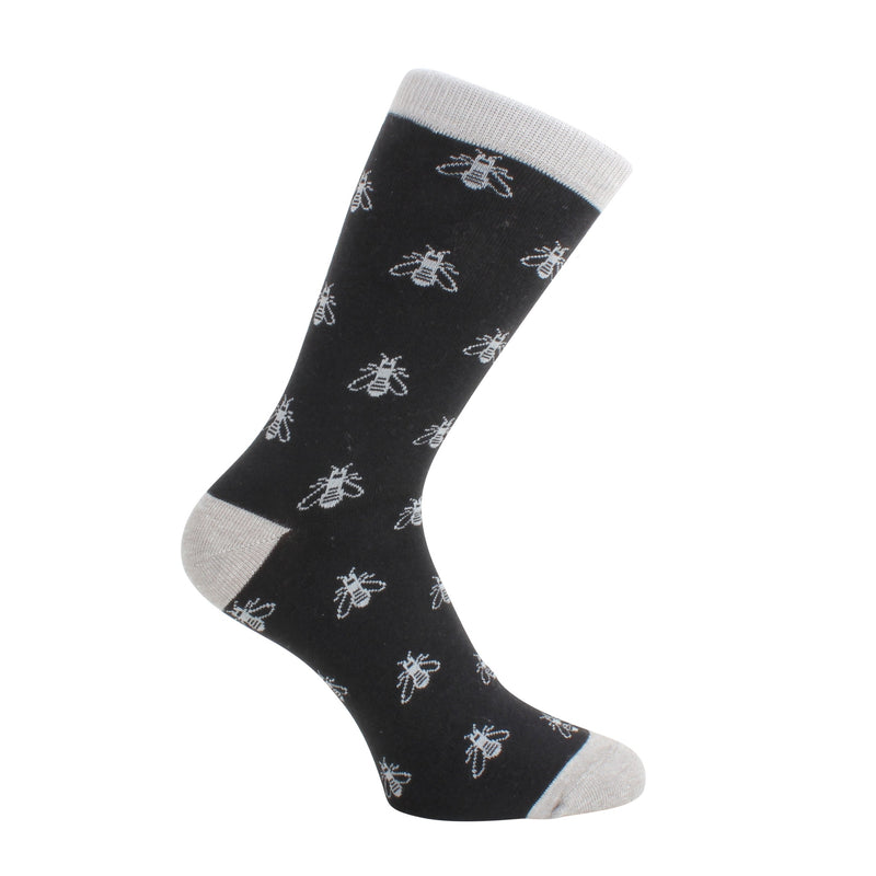 Blue and Yellow Bee Socks in Combed Cotton - Leonard Silver - black and grey colourway, full length