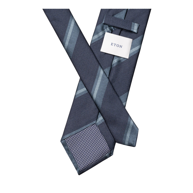Striped Woven Shantung Silk Tie Dark Blue - Eton
