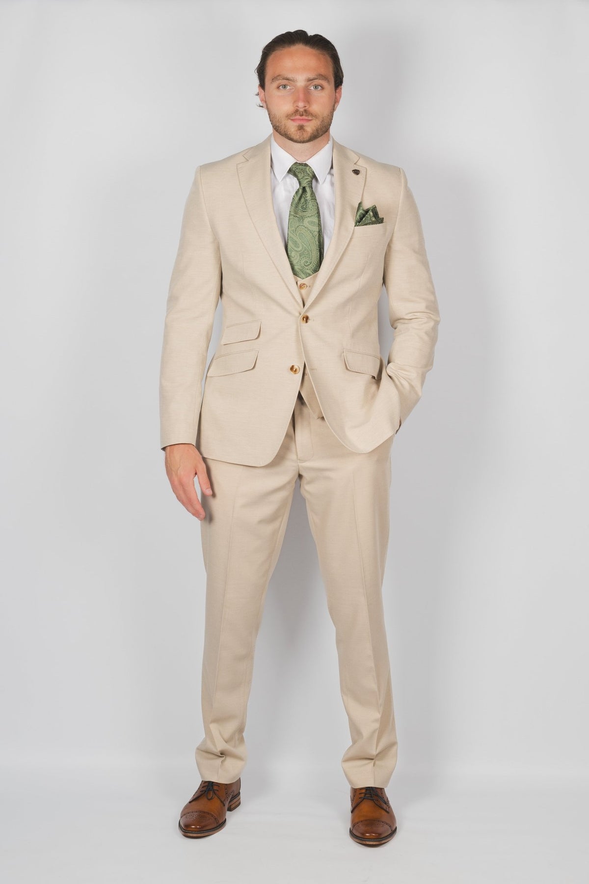 Stone Beige Three-Piece Wedding Suit | Leonard Silver Stone Beige Three-Piece Wedding Suit | Leonard Silver