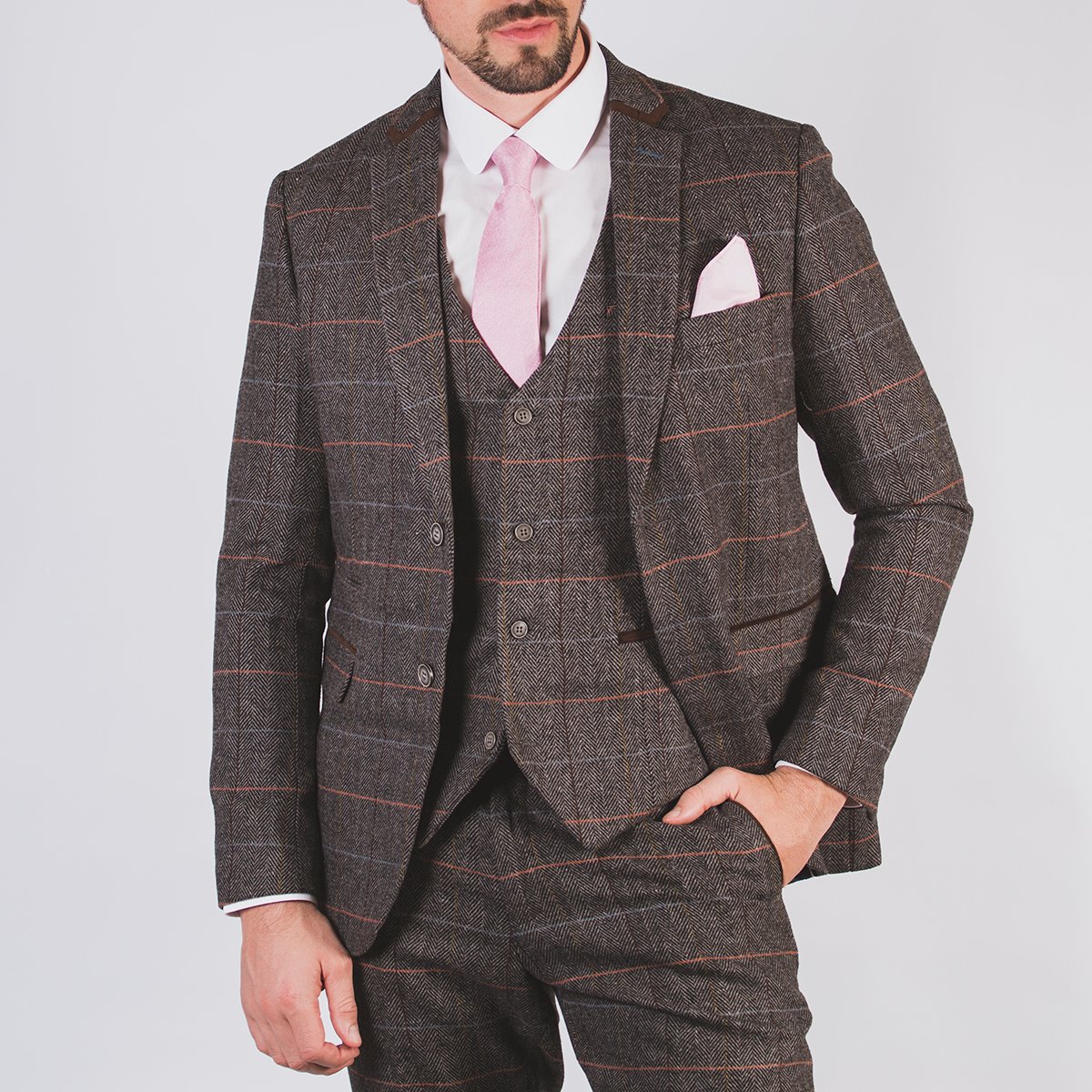 Arthur Grey Tweed Suit Outfit – Jacket, Waistcoat & Trousers with Remus Shirt, Pink Silk Tie & Pocket Square