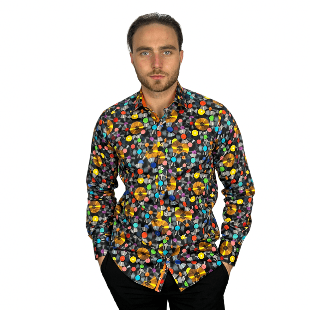 Vinyl Records Print Shirt Black - Claudio Lugli