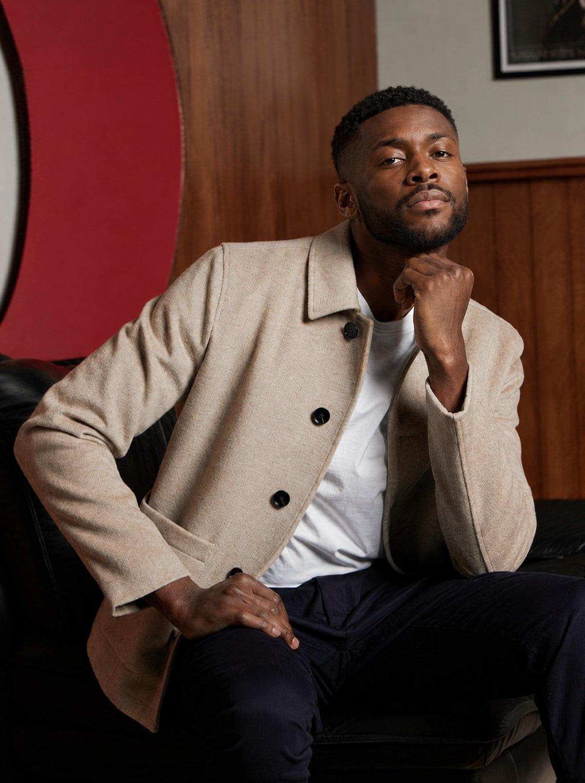 Guards London Westgate Wool Overshirt in Oatmeal, worn by a seated model over a white T-shirt