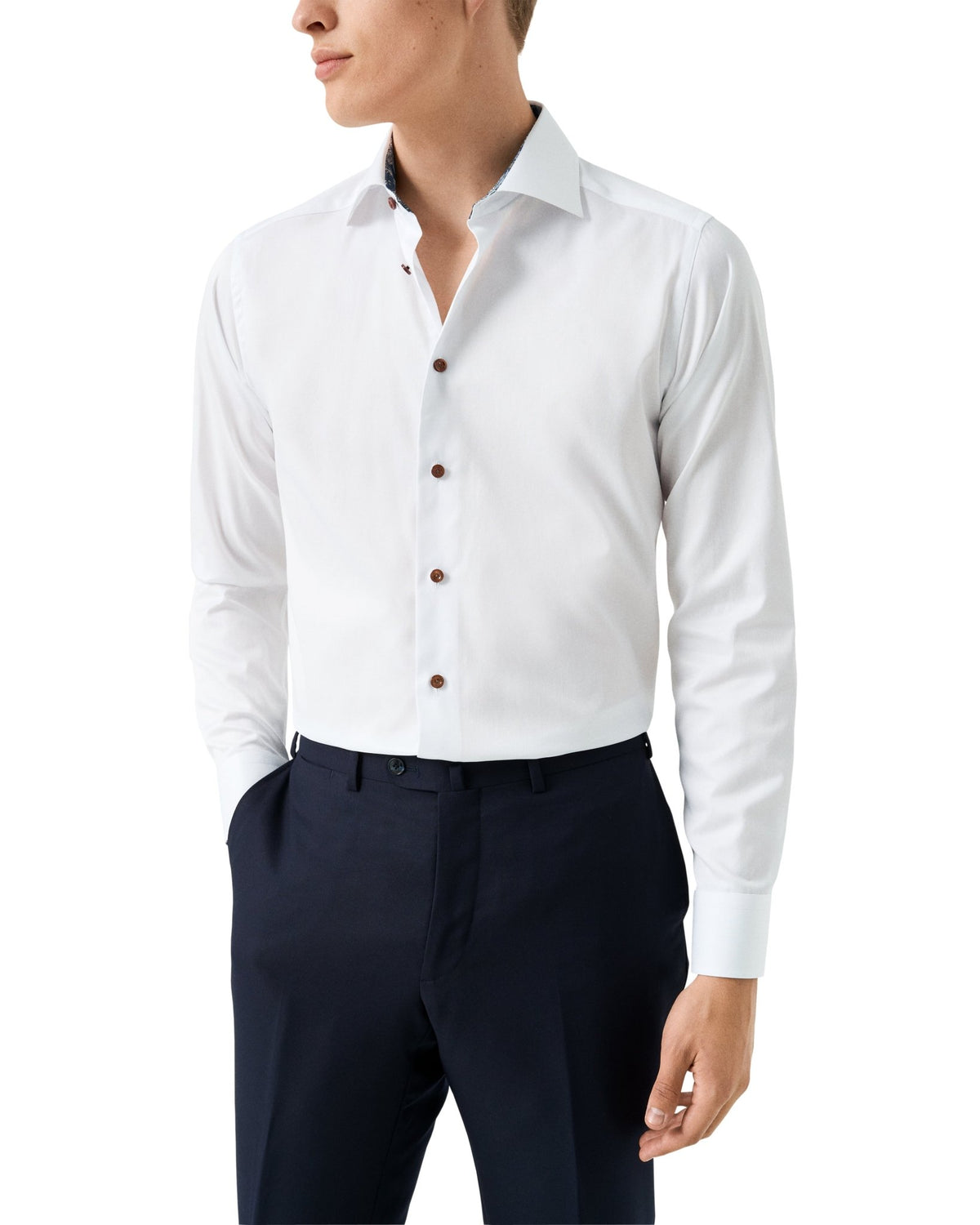 White Floral Effect Signature Twill Shirt (Beige Buttons) - Eton Shirts Shirts
