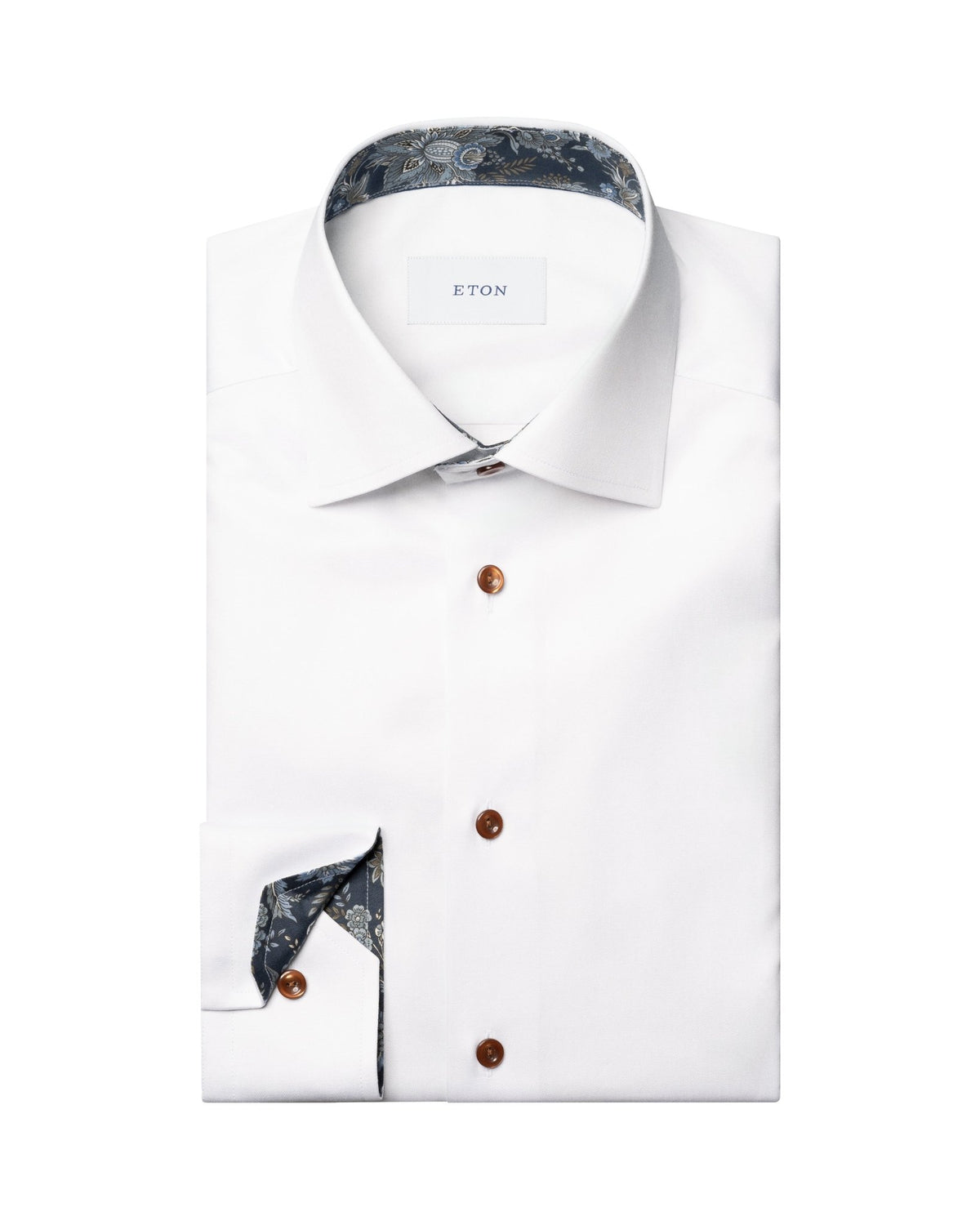 White Floral Effect Signature Twill Shirt (Beige Buttons) - Eton Shirts Shirts