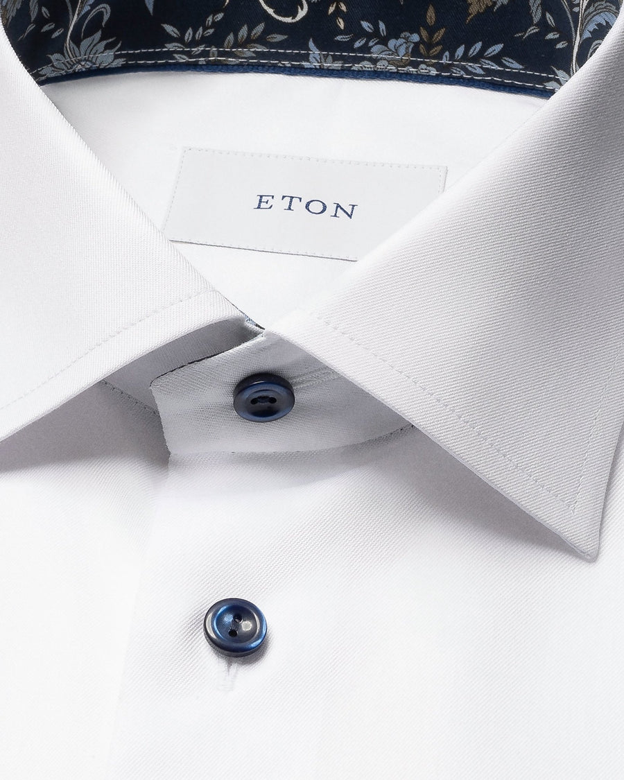 White Floral Effect Signature Twill Shirt (Navy Buttons) - Eton Shirts Shirts