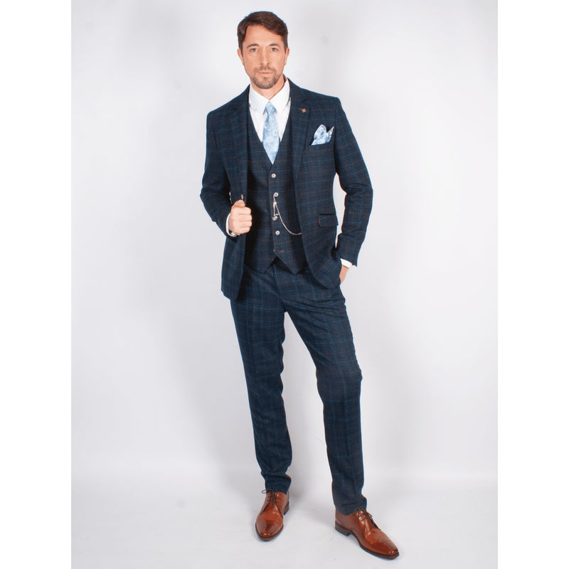 Blue Check Slim Fit 3 Piece Suit - Leonard Silver