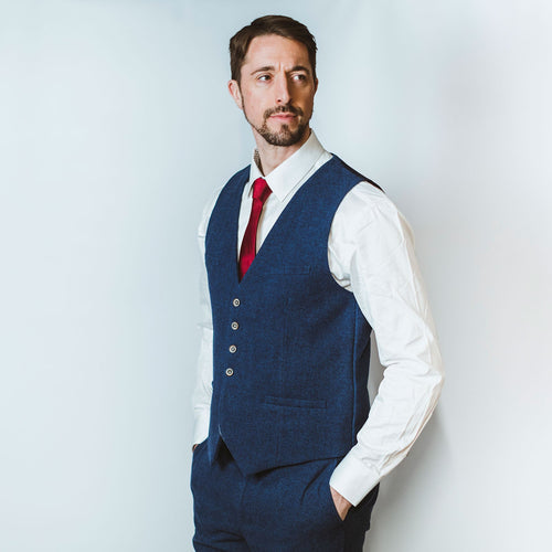 Blue Tweed Wedding Waistcoat - Leonard Silver