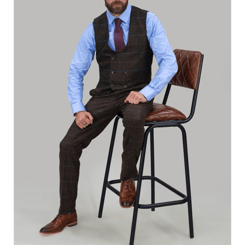 Brown Multi Check Tweed Waistcoat - Leonard Silver