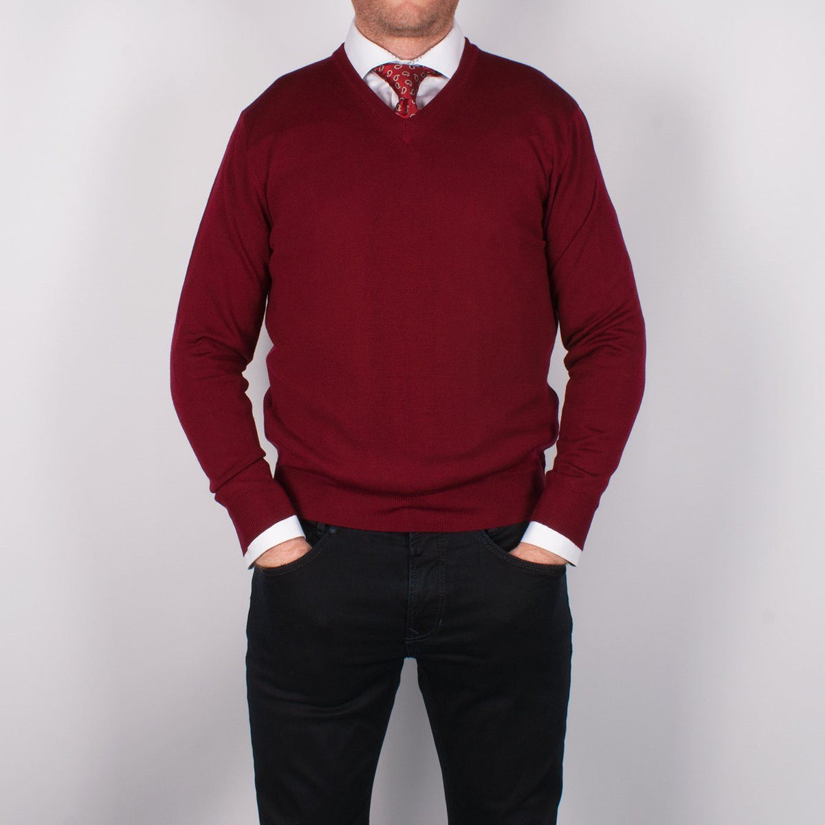 Burgundy Merino V-neck Sweater - John Victor