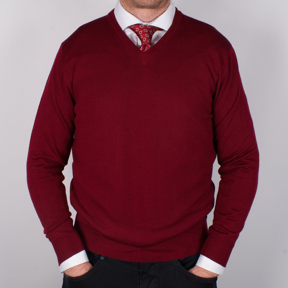Burgundy Merino V-neck Sweater - John Victor