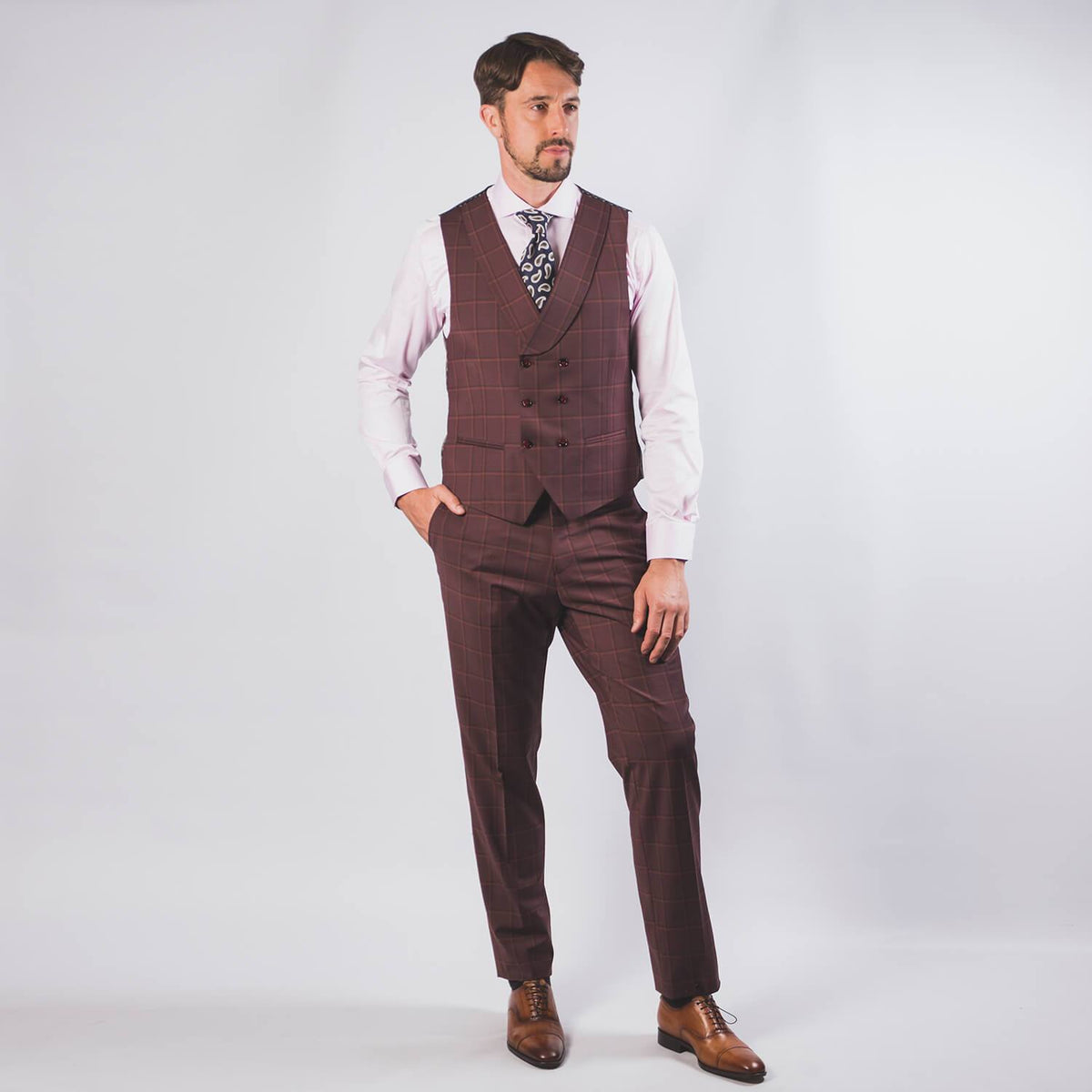 Burgundy Peak Lapel Check Suit - John Victor