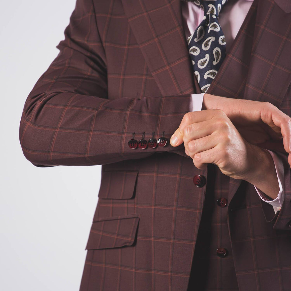Burgundy Peak Lapel Check Suit - John Victor