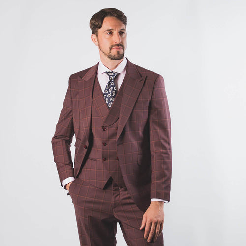 Burgundy Peak Lapel Check Suit - John Victor