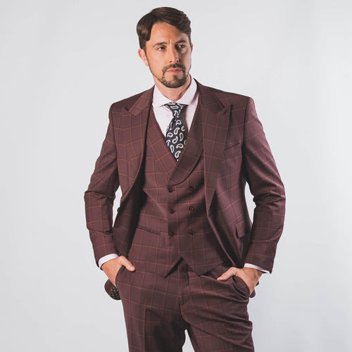 Burgundy Peak Lapel Check Suit - John Victor