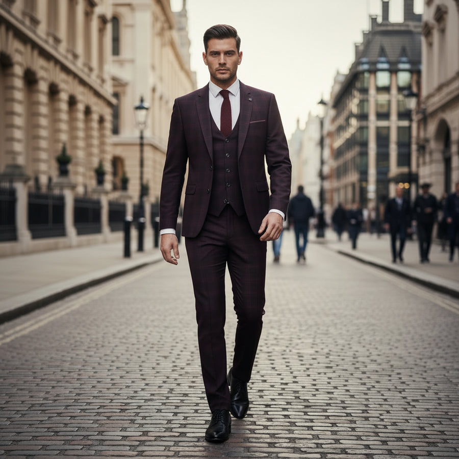 Burgundy X-Slim Fit Check Suit - Remus Uomo