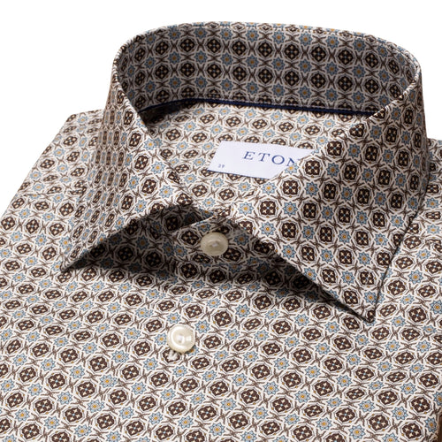 Geometric Flower Print Shirt Brown - Eton Shirts