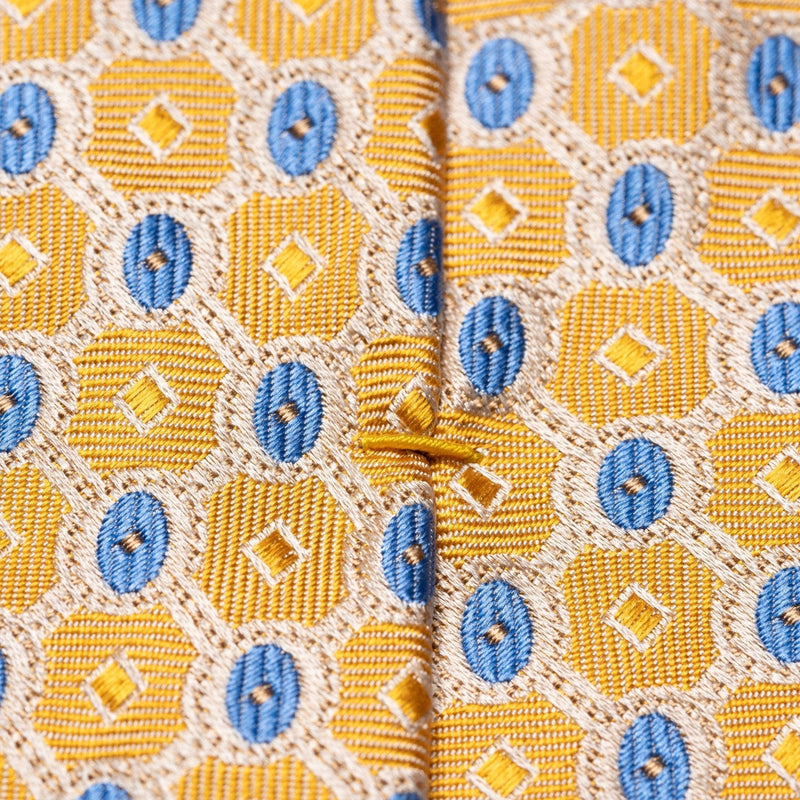 Gold and Blue Geometric Patterned Hand Made Silk Tie - Eton Shirts