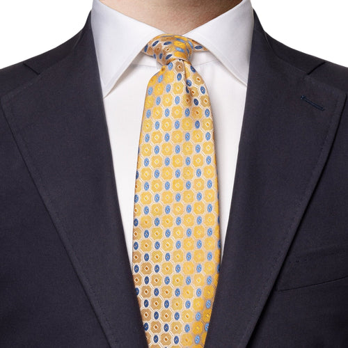 Gold and Blue Geometric Patterned Hand Made Silk Tie - Eton Shirts