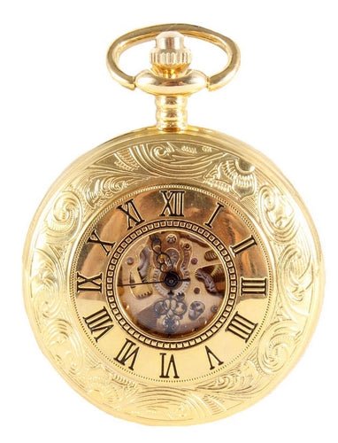 Gold Patterned Half Hunter Mechanical Pocket Watch - Leonard Silver