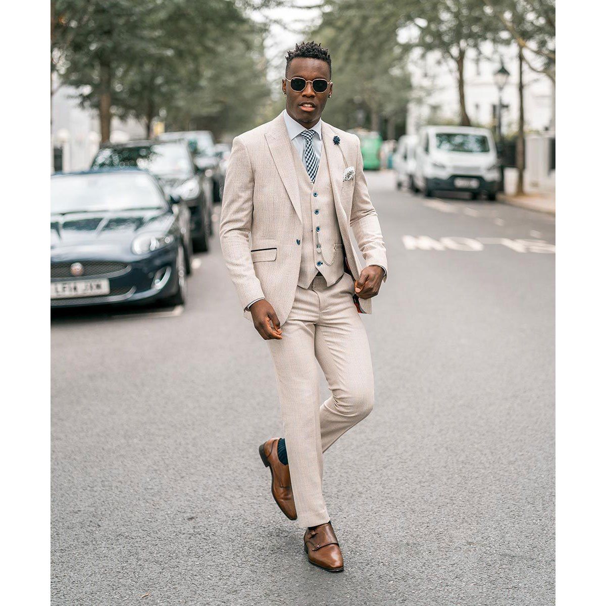 Ivory Check Peak Lapel 3-Piece Suit | Leonard Silver Ivory Check Peak Lapel 3-Piece Suit | Leonard Silver