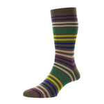 Kilburn All Over Stripe Egyptian Cotton Socks Olive - Pantherella