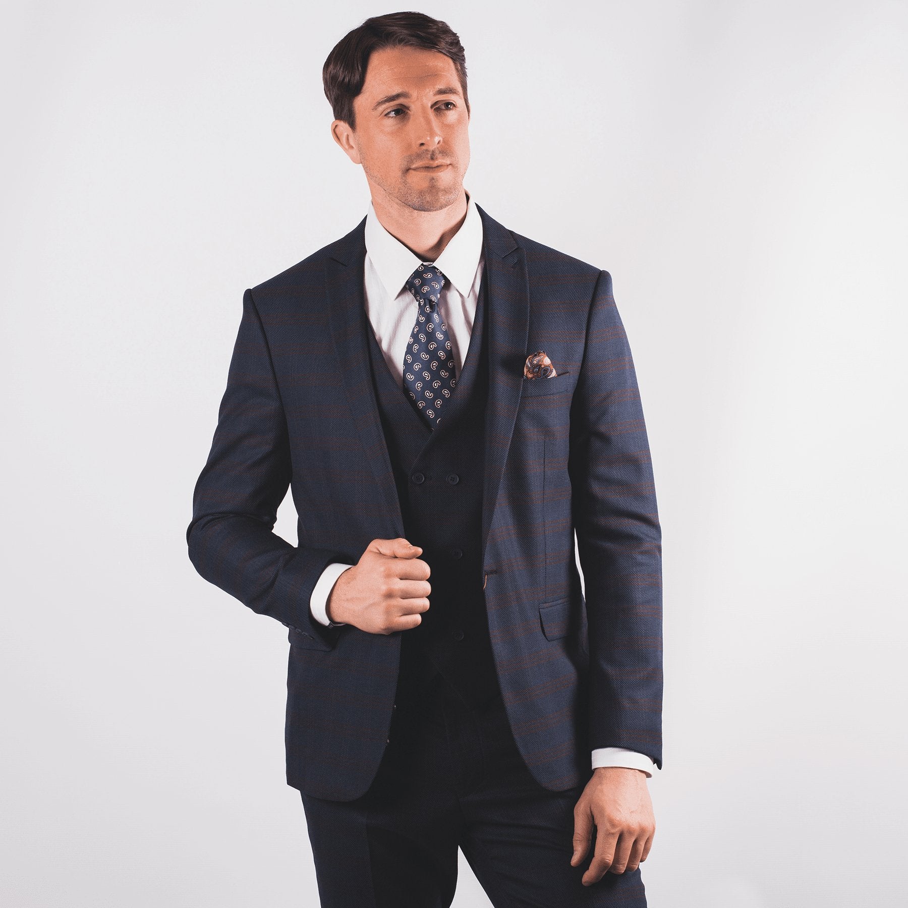 maroon dress and navy blue suit Navy & Burgundy Check Three-Piece Suit