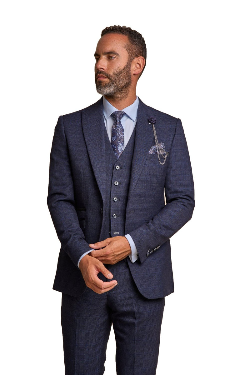 Navy Check Peak Lapel Suit - Leonard Silver