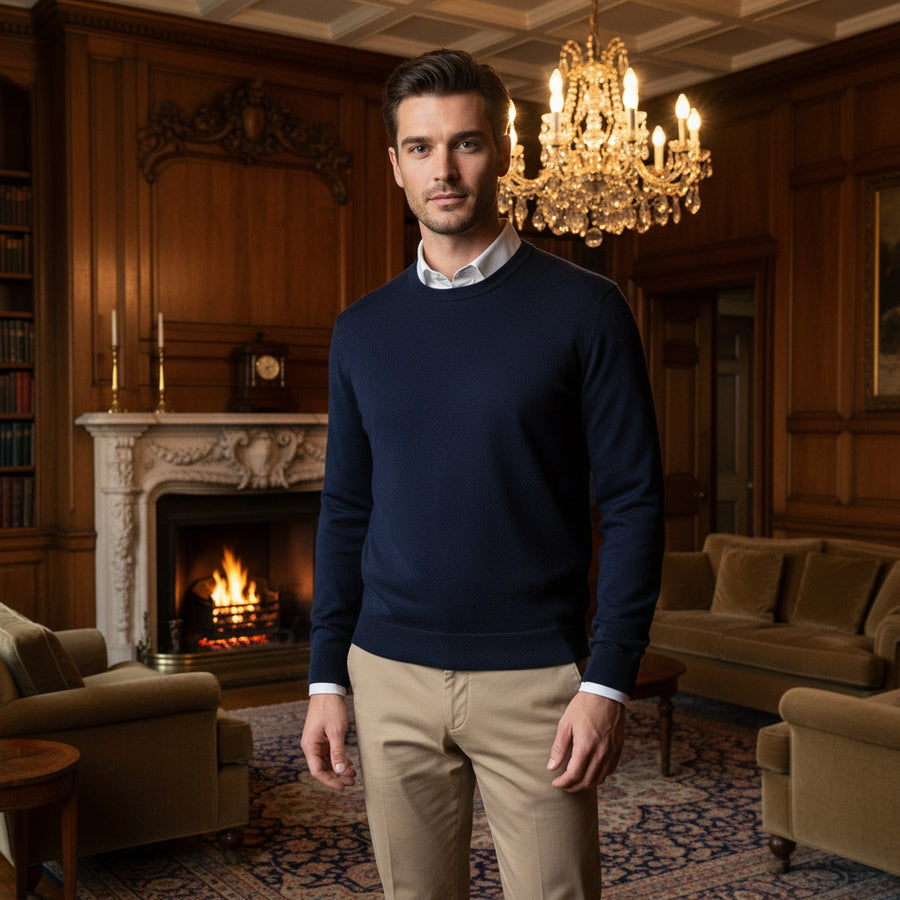 Navy Merino Crew-neck Sweater - John Victor