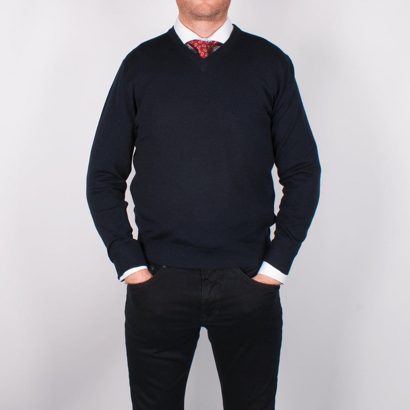 Navy Merino V-neck Sweater - John Victor