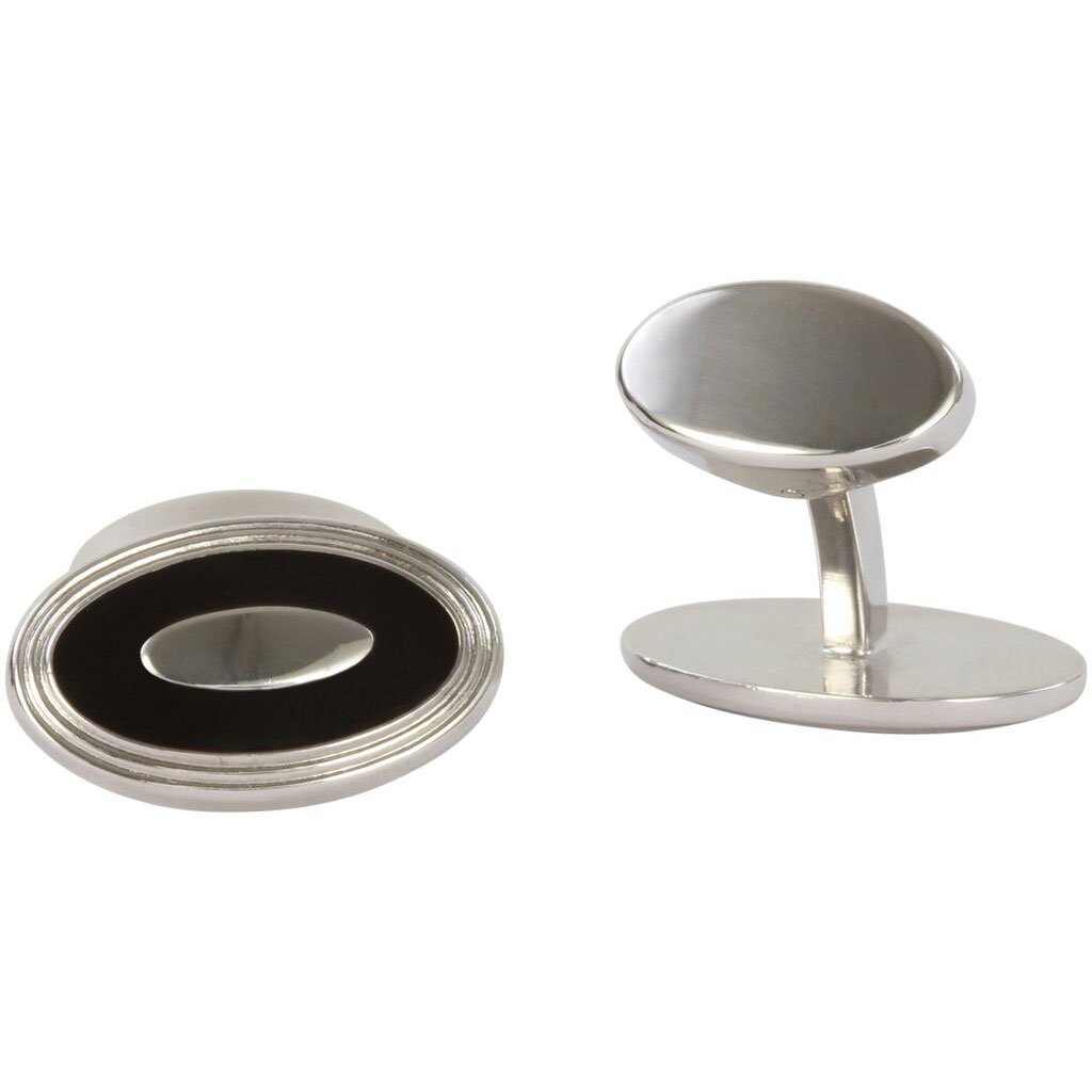 Black Enamel Oval Sterling Silver Cufflinks - Leonard Silver - face and swivel bar detail