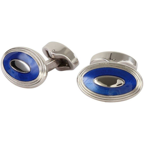 Oval Enamel Electric Blue Aster Cufflinks - Leonard Silver