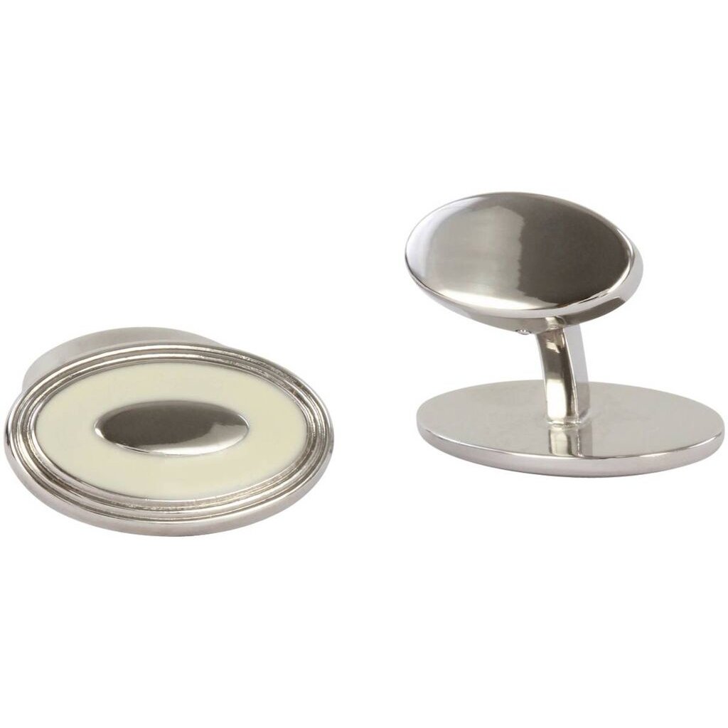 Ivory Enamel Oval Silver Cufflinks - Leonard Silver - front and reverse view