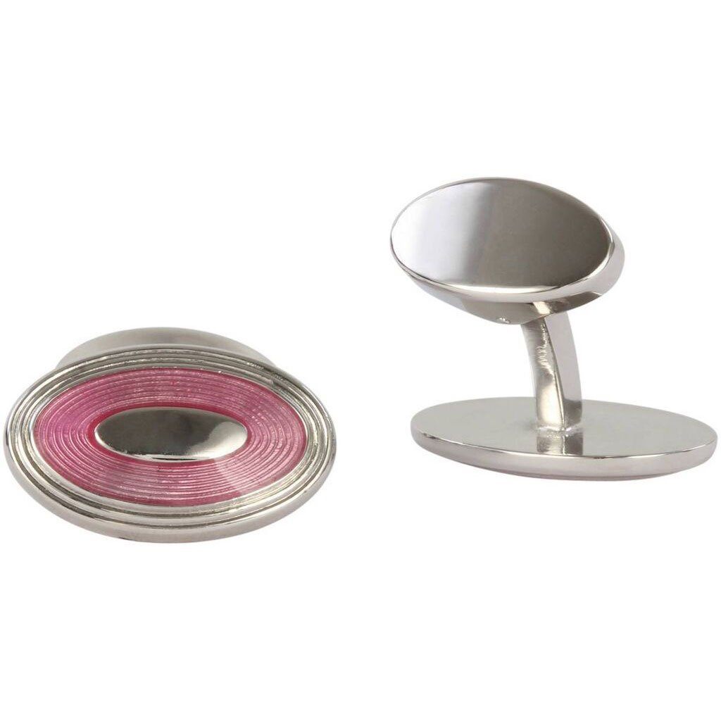 Pink Enamel Oval Sterling Silver Cufflinks - Leonard Silver - enamel face and side view
